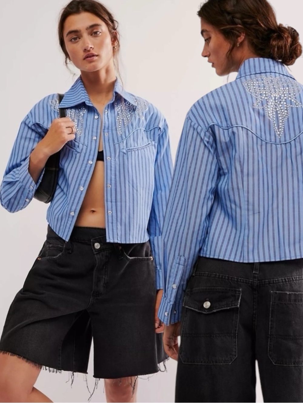 Free People X Understated Rockabilly Western Studded Snap Shirt Blue Striped XL